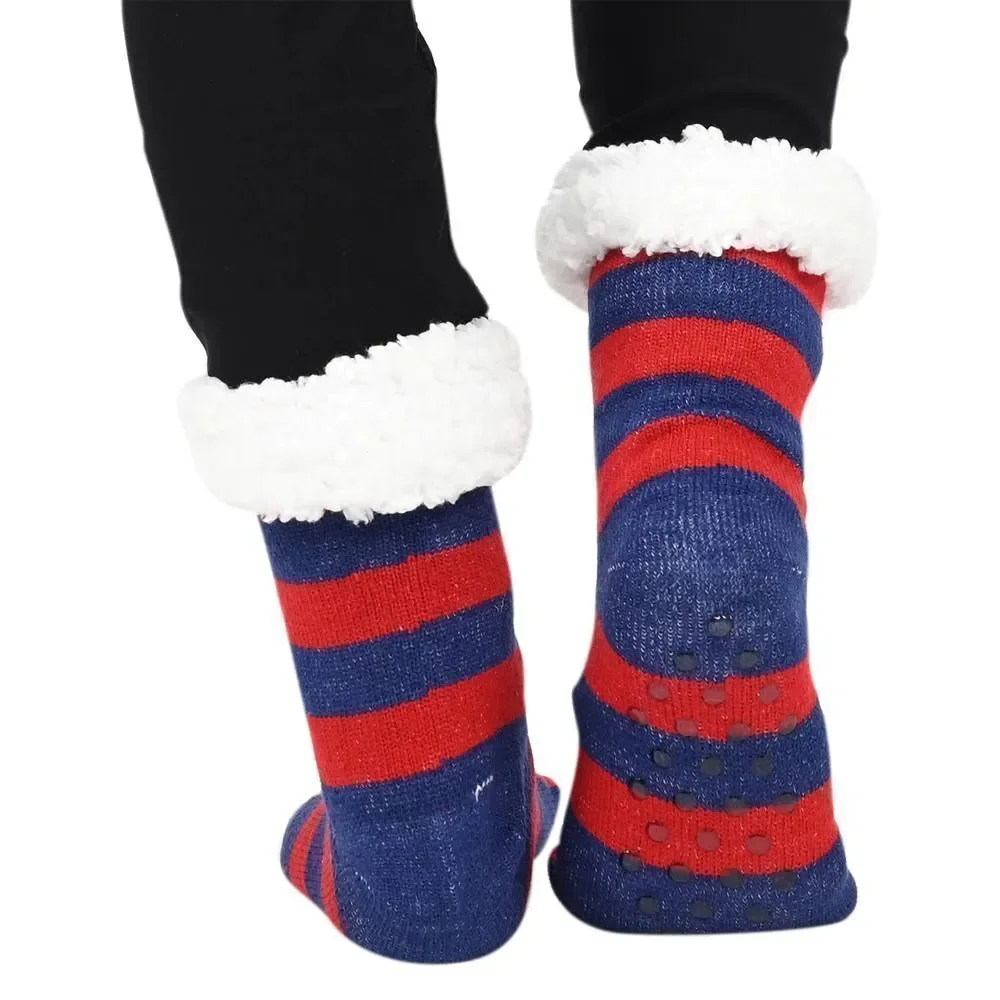 Snowman and Reindeer Pattern Sherpa Lined Slipper Socks Sz 5-10 Anti Slip Rubber